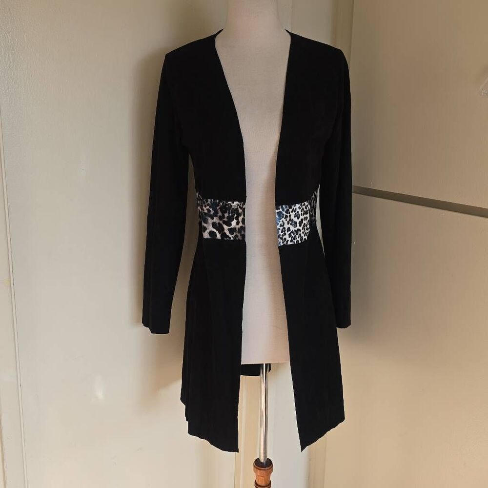 Vocal USA Blk Ultra Suede Leopard Print  Inset Mid Length Open Jacket, NWOT,  S
